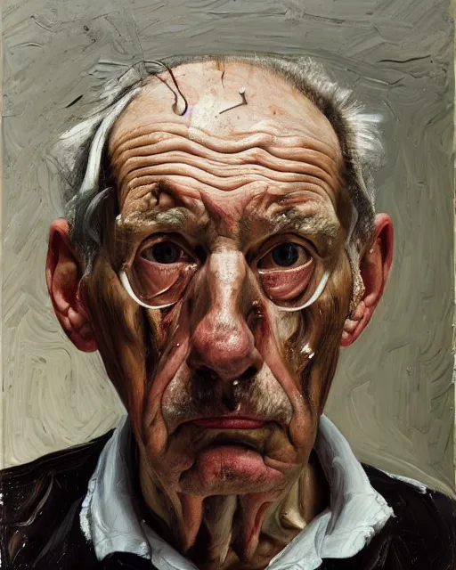 Image similar to a head and shoulders portrait a very ordinary old man with an sad expression, side angle, by Lucian Freud and Jenny Saville, oil painting, anatomically correct, beautiful perfect face, visible brushstrokes, sharp focus, Highly Detailed, Cinematic Lighting, 8k, HD