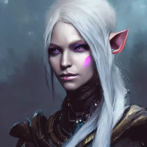 Image similar to closeup portrait of a drow elf, dungeons and dragons character, castle background, gorgeous view, realistic, high detail, digital art, painted by greg rutkowski, painted by jeremy mann, trending on artstation