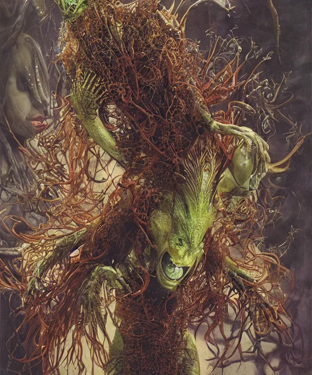 Prompt: portrait photograph of a fierce sadie sink as an alien harpy queen with slimy amphibian skin. she is trying on evil bulbous slimy organic membrane fetish fashion and transforming into a fiery succubus amphibian villian raptor. by donato giancola, walton ford, ernst haeckel, brian froud, hr giger. 8 k, cgsociety