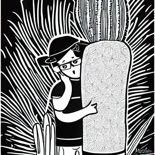 Image similar to sentimental boy hugging a cactus, line art, black and white