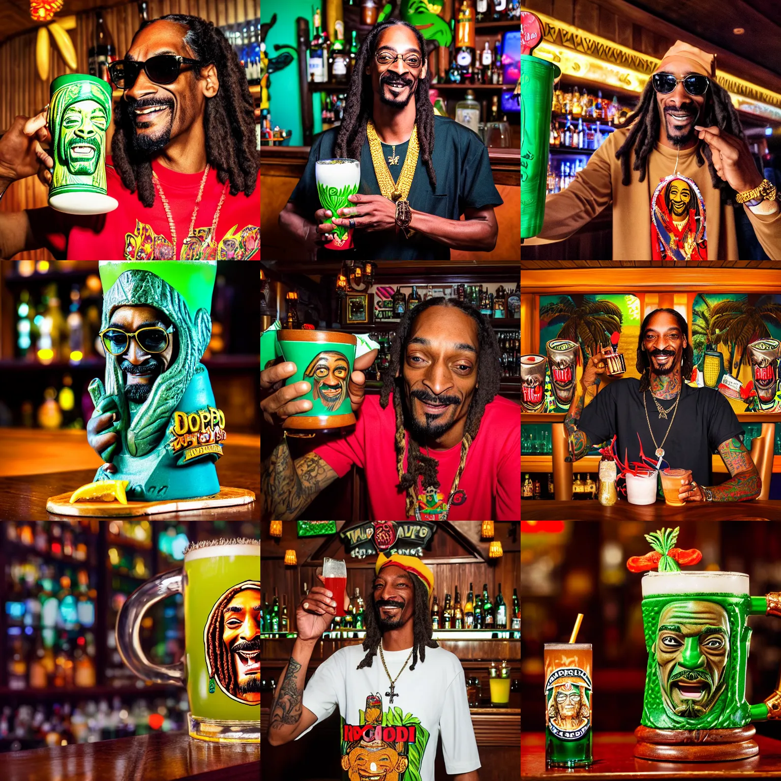 Prompt: a closeup photorealistic photograph of happy snoop dogg at trader vic's bar holding up a trader vic's tiki mug featuring the face of snoop dogg tiki culture. brightly lit scene. this 4 k hd image is trending on artstation, featured on behance, well - rendered, extra crisp, features intricate detail, epic composition and the style of unreal engine.
