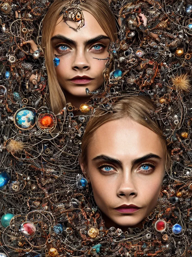 Prompt: a photo real centered image of cara delevingne beautiful tribal goddess surrounded by intertwining bio - mech tendrils made of machine and robot parts and gemstones and leaves and feathers and incense smoke, full body, gorgeous face, perfect face, powerful, by james jean, by ross tran, 3 d, cinema 4 d render, trending on artstation, octane render, 8 k