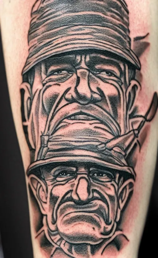 Prompt: a tattoo of an old man wearing a hat on top of a tower, ultra detailed, tattoo, 8 k