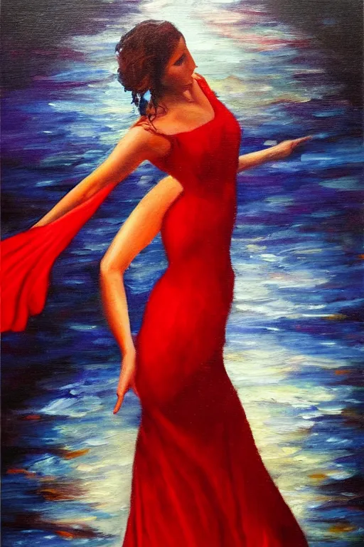 Image similar to detailed oil painting of spanish flamenco dancer standing in water, wearing a dress red dress that's floating, midnight, moon, dimly lit, looking away, dark shadows, ethereal, photo realistic, high definition, 4 k, slr