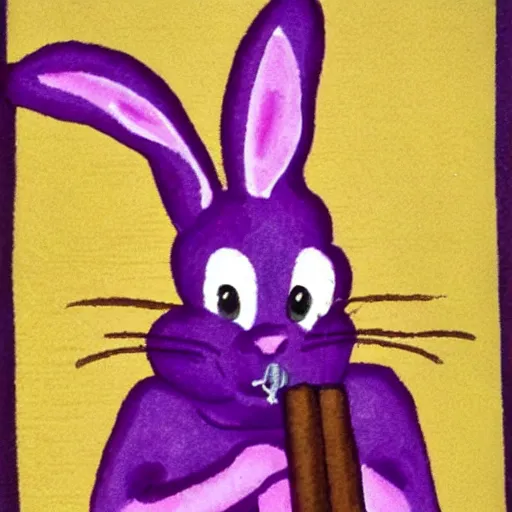 Image similar to a violet rabbit smoking a cigar, in the style of h. r. geiger