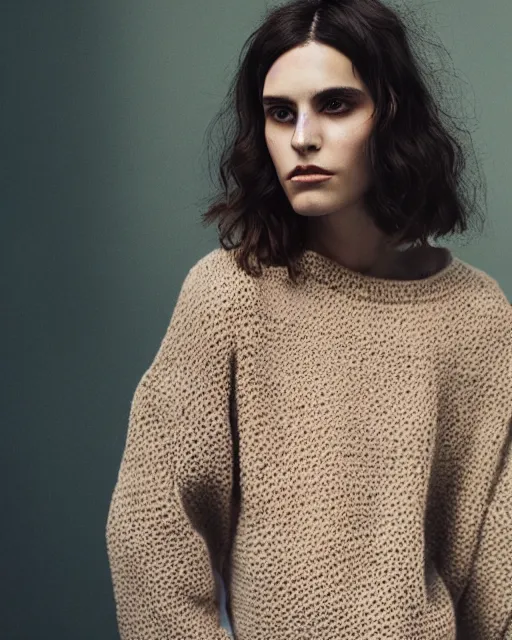 Image similar to hila klein, wearing a knitted woolen blouse, modern fashion, half body shot, photo by greg rutkowski, female beauty, f / 2 0, symmetrical face, warm colors, depth of field