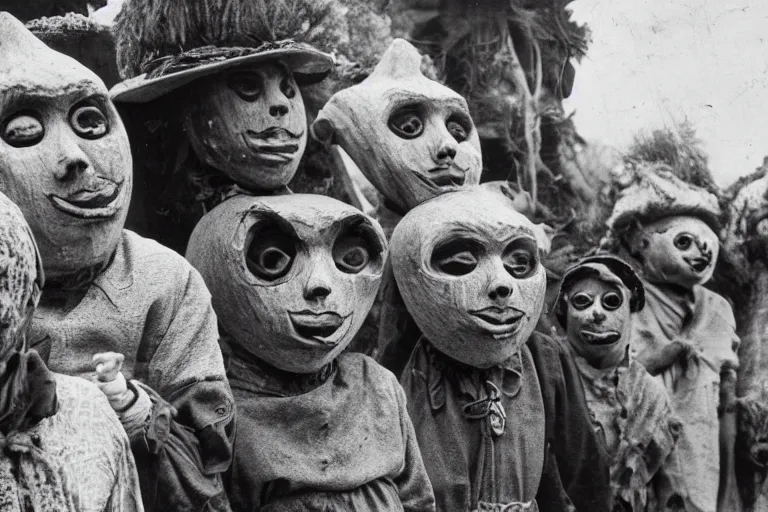 Image similar to vintage photo of villagers wearing weird masks, eerie, bizarre, highly detailed shot, dramatic 8 k uhd