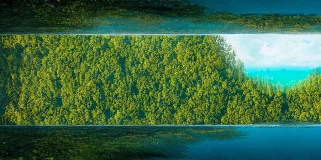 Image similar to a very high resolution image from a new movie, upside - down building, forest, sea, sky, mirror, beautiful scenery, photorealistic, photography, directed by wes anderson