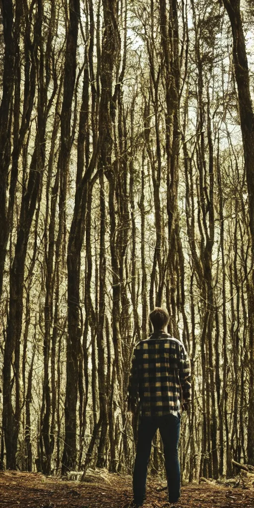 Image similar to tall!!! (((blond))) man wearing a flannel shirt in a forest, long wavy hair, long blond hair, blond, forest, trees, flannel shirt, lumbarjack, photo, low angle photo,