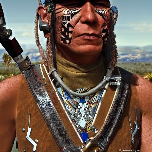 Image similar to a aztec/native american cybernetic mercenary in the style of Jean Giraud Photorealistic HD 8k highlights and shadow detailed High Resolution