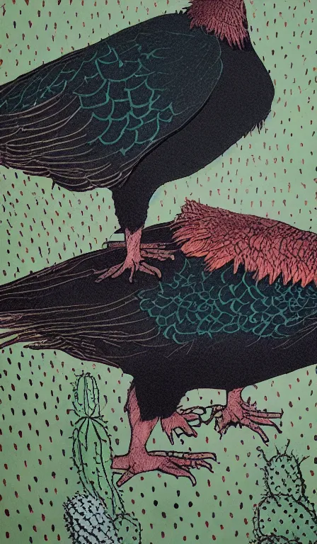 Image similar to close up of turkey vulture sitting on cactus by Shen Quan, hanging scroll, ink and colours on silk