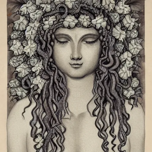 Image similar to detailed, portrait of medusa, surrounded by lotus flowers and geometry