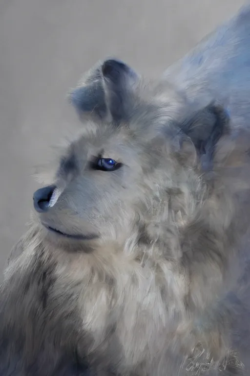 Prompt: hyper - realistic portrait of a white wolf with blue eyes, photorealism, portrait photography, volumetric lighting, insanely detailed, artstation, 4 k, 8 k