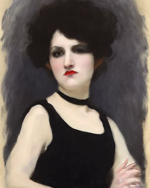 Image similar to A goth portrait painted by John Singer Sargent. Her hair is dark brown and cut into a short, messy pixie cut. She has a slightly rounded face, with a pointed chin, large entirely-black eyes, and a small nose. She is wearing a black tank top, a black leather jacket, a black knee-length skirt, a black choker, and black leather boots.