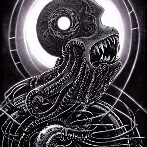 Prompt: lovecraftian biomechanical dark stygian vortex with screaming souls, evil eclipse, black sun by paolo girardi