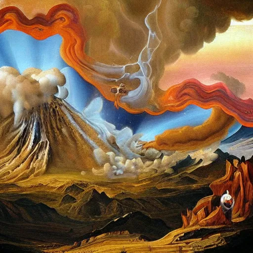 Prompt: the creation of a volcano, divine inspired painting, masterpiece, intricate details, incredible painting