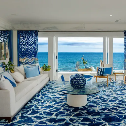 Image similar to A full shot of a coastal style living room with floor-to-ceiling windows with a sea view, inside the living room there is a white shag rug on top of which is a white sofa with blue and white patterned pillows and next to it is a marble coffee table, light blue walls, 4K photograph