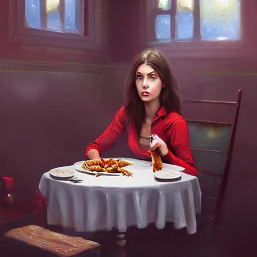 Image similar to portrait of a brunette skinny irish woman with blu eyes eating kebab, light stubble with red shirt inside victorian mansion ,digital art,photorealistoc,art by greg rutkowski,hyperdetailed,western comic style,comic,comic style,sharp lineart,professional lighting,deviantart,artstation,trevor henderson,rossdtaws,cinematic,dramatic