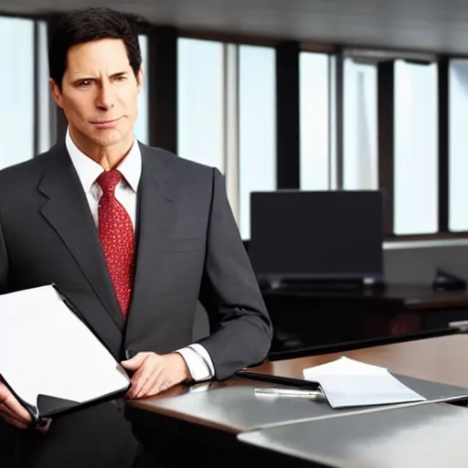 Image similar to Glenn Quagmire dressed in a suit and tie in a lawyer's office holding a briefcase.