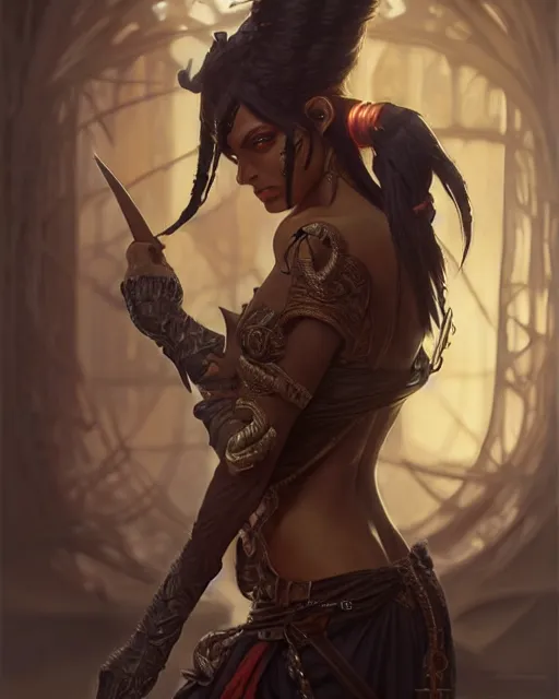 Image similar to a make dark elf pirate, fantasy character portrait, ultra realistic, intricate, elegant, highly detailed, digital painting, artstaion, smooth, sharp, focus, illustration, art by artgerm and greg rutkowski and alphonse mucha