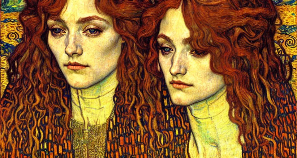 Image similar to detailed realistic beautiful young medieval queen face portrait by jean delville, gustav klimt and vincent van gogh, art nouveau, symbolist, visionary, gothic, pre - raphaelite, muted earthy colors, desaturated