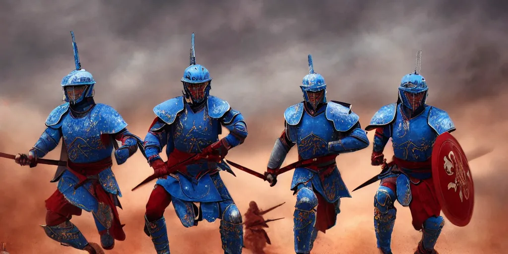 Prompt: mid action shot cinematic artwork of warriors in blue armor fighting warriors wearing red Chinese armor on the battlefield by greg rutowski, masterpiece, 4k