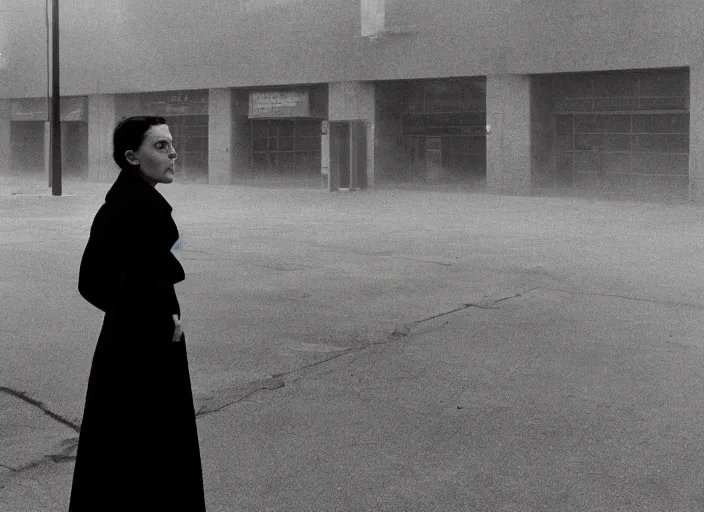 Prompt: cinematic portrait of olivia coleman standing outside in a foggy desolate eerie department store empty parking lot, one car, paranoia everywhere, scene from the tense thriller film directed by stanley kubrick, detailed portrait photo, volumetric hazy lighting, anamorphic lens, moody cinematography, 3 5 mm kodak color ektochrome