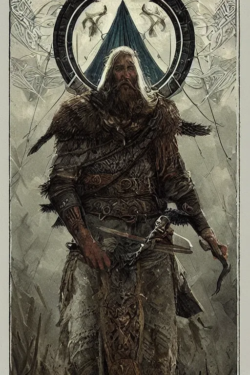 Prompt: tarot card, viking style, concept art by Greg Rutkowski and James Gurney, intricate illustration, detailed