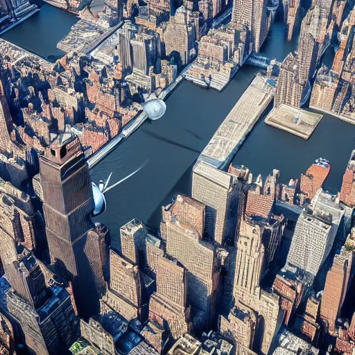 Image similar to a flying kettle, flying over new york city, high quality, highly detailed, 4k, award winning photo