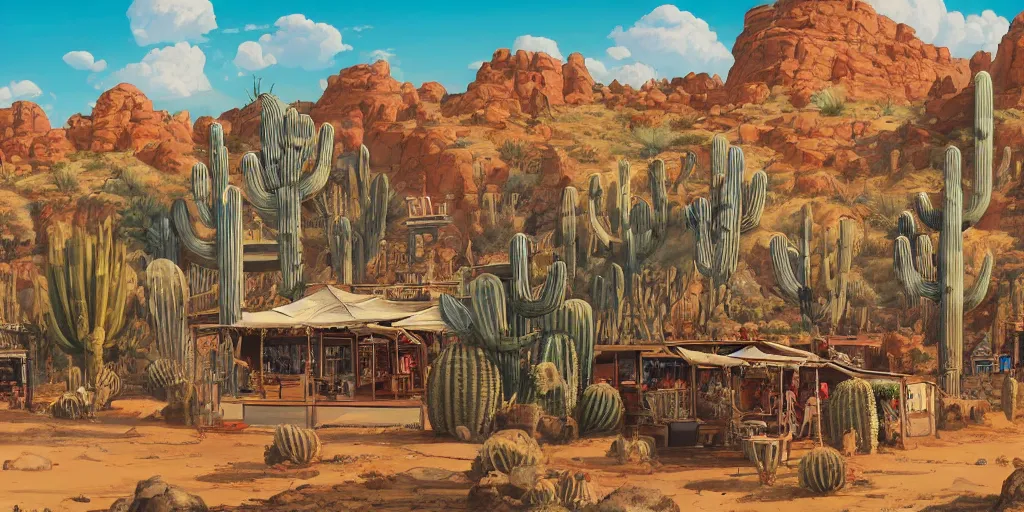 Image similar to a western saloon in the middle of the desert, blue sky and cirrus clouds in background, wide angle by ross tran and makoto shinkai and dan mumford, oasis, cactus, big red rocks, tumbleweeds, pulp sci - fi illustration, very detailed, 4 k horizontal wallpaper,