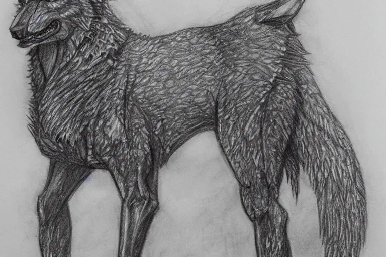 Image similar to a pencil drawing of a wolf, full body, D&D, armor, made by by Pen Tacula