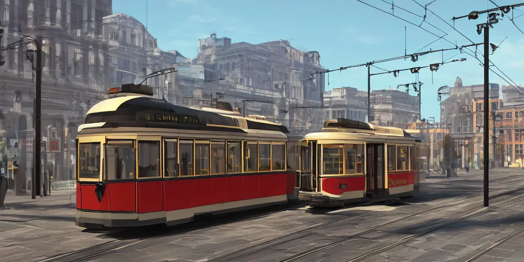 Image similar to triple decker tram, retro futuristic, volumetric lighting, photorealistic, daytime, sunny weather, sharp focus, ultra detailed, 4 0 0 0 k