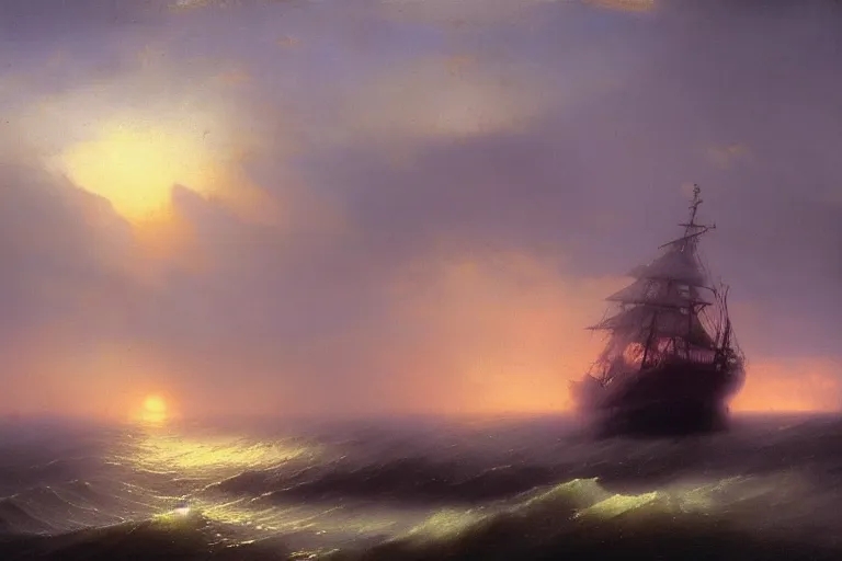 Prompt: Ghost ship in the stormy sea, sunset, by Aivazovsky, trending on artstation, sunset, 8k, sharp high quality,