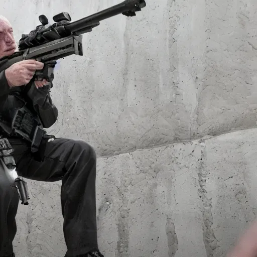 Image similar to Film Still of Mike Ehrmantraut aiming a sniper rifle in a new Breaking bad movie, 8k, highly detailed, centered