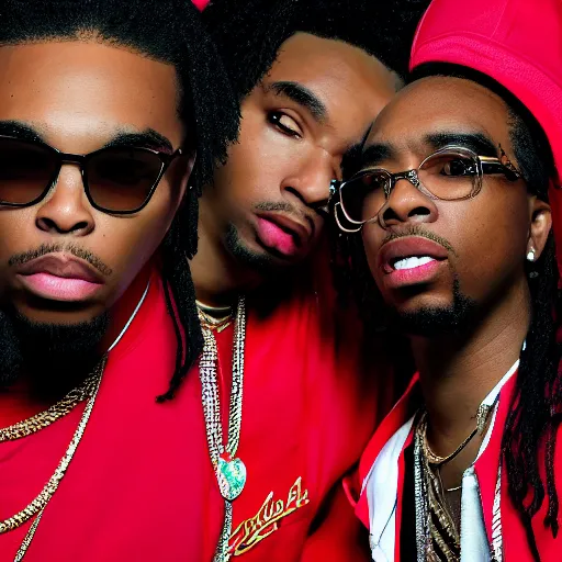 Image similar to funko pop of rap group migos members quavo, offset and takeoff, product shot, macro, hyper realistic, octane render, unreal engine, 4 k, 8 k