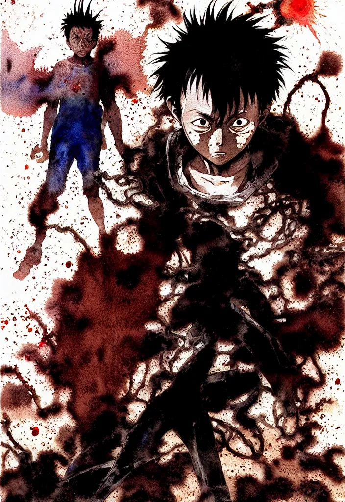 Prompt: tetsuo from akira, silhouetted by a dead sun, detailed elaborate watercolor and ink illustration | anime, matte painting, dystopian megacity neo - tokyo, akira, shaded perfect, fine details. realistic shaded lighting anime manga artwork by katsuhiro otomo, artgerm, jeremy lipkin and michael garmash and rob rey