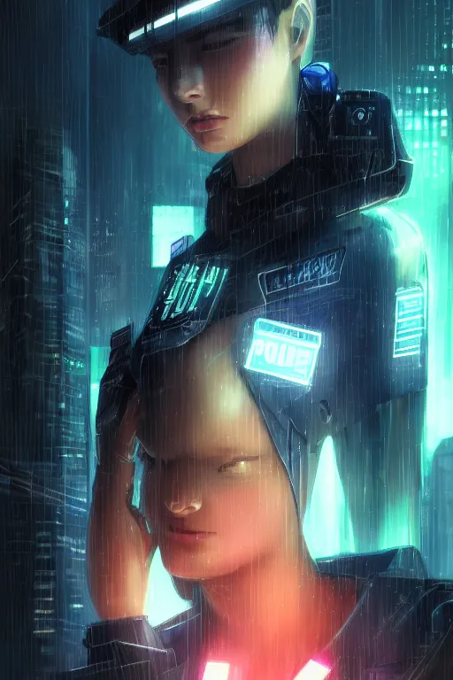 Prompt: portrait futuristic beautiful cyberpunk female weaponed police, in heavy rainning futuristic tokyo rooftop cyberpunk night, ssci-fi, fantasy, intricate, very very beautiful, elegant, neon light, highly detailed, digital painting, artstation, concept art, soft light, hdri, smooth, sharp focus, illustration, art by tian zi and craig mullins and WLOP and alphonse mucha