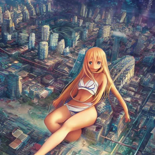 Image similar to seen from above : a giant macro very beautiful young yuuki asuna, full body, long wavy blond hair, sky blue eyes, full round face, bikini, miniskirt, laying on a miniature city, cinematic wallpaper by stanley artgerm lau