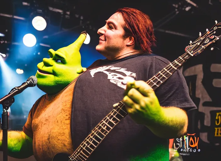 Image similar to photo still of shrek at the vans warped tour 2 0 1 8!!!!!!!! at age 3 6 years old 3 6 years of age!!!!!!!! getting lit in the pit, 8 k, 8 5 mm f 1. 8, studio lighting, rim light, right side key light