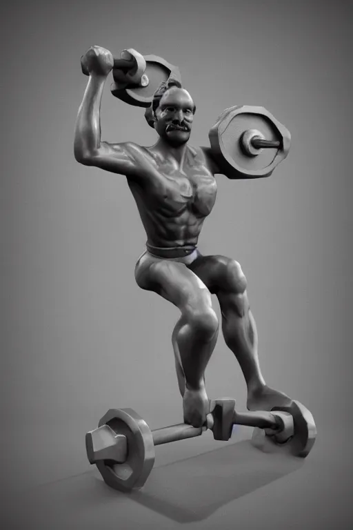 Prompt: the statue in marble of a crossfitter with a mustache holding a dumbell, mattepainting, global illumination, concept Blizzard pixar maya engine on stylized background