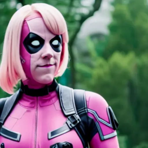 Image similar to A still of Gwenpool in Deadpool 3 (2023), no mask, blonde hair with pink highlights