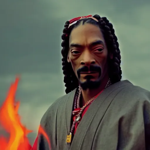 Image similar to cinematic film still of Snoop Dogg starring as a Samurai holding fire, Japanese CGI, VFX, 2022, 40mm lens, shallow depth of field, film photography