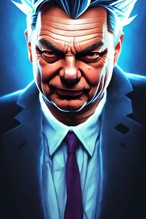 Image similar to a highly detailed beautiful portrait of Viktor Orban reaching super saiyan level 3, highly detailed, 2d game fanart behance hd by Jesper Ejsing, by RHADS, Makoto Shinkaih and Lois van baarle, ilya kuvshinov, rossdraws global illumination, cinematic, hyper-realistic, depth of field, coherent, high definition, 8k resolution octane renderer, artstation