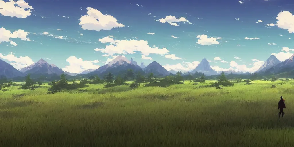 Prompt: an open prairie with mountains in the distance and clouds in the sky ， by makoto shinkai