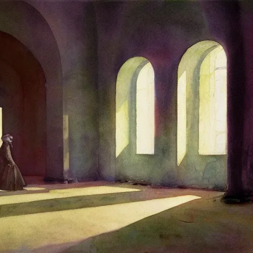 Image similar to a procession of woman in an abandoned soviet temple, watercolor by ivan biblin, by hammershøi, art noveau, highly detailed, lights by edward hopper, liminal, eerie, bright pastel colors