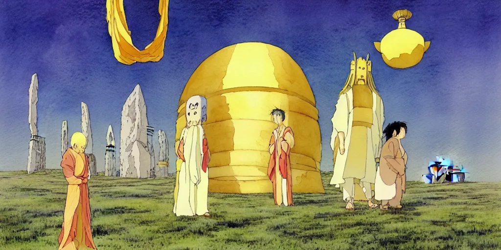 Image similar to a hyperrealist studio ghibli watercolor fantasy concept art of a giant chinese god and a small grey alien with a yellow robe in stonehenge in the early morning. a giant gold ufo is floating in the air. by rebecca guay, michael kaluta, charles vess