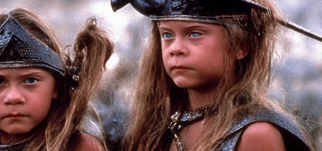 Prompt: still of greta thunberg as conan in conan the destroyer ( 1 9 8 4 )