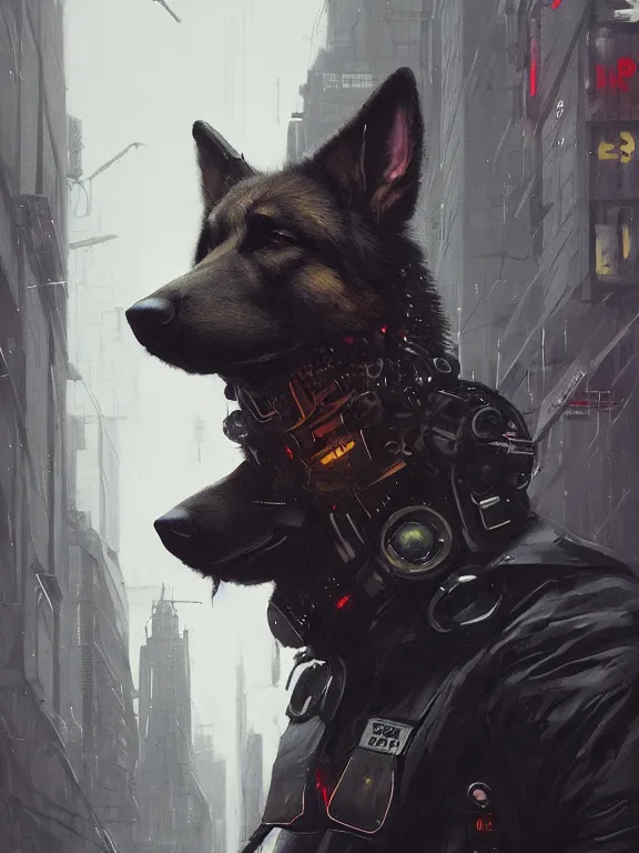 Image similar to new york city portrait of furry anthro anthropomorphic german shepard head animal person fursona wearing clothes strange cybernetic muzzle gloomy rainy cyberpunk digital art by Greg Rutkowski, Simon Stalenhag, trending on Artstation, CGSociety