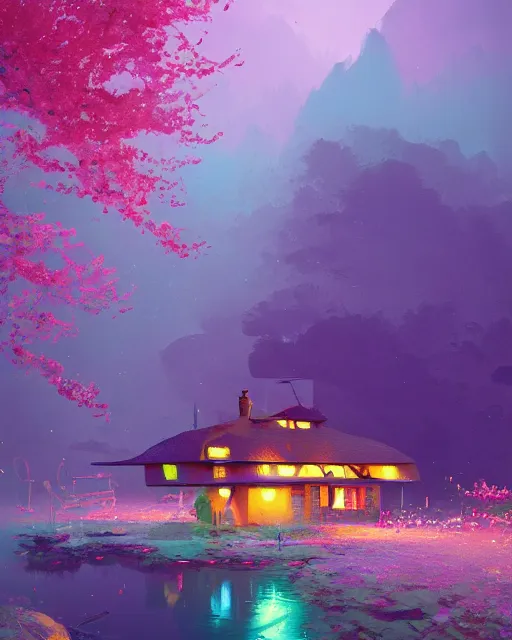 Image similar to a houseboat by a small fishing village on the river | cherry - blossoms | highly detailed | very intricate | serene romantic fantasy whimsical magical | professional cinematic lighting | dusk | studio ghibli | award - winning | matte painting by anton fadeev and paul lehr and rhads and alena aenami | pastel color palette | featured on artstation