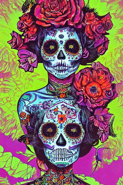Prompt: realistic detailed psychedelic poster art of a cute Día de los Muertos girl by Victor Moscoso Rick Griffin Art Noveau, masterpiece